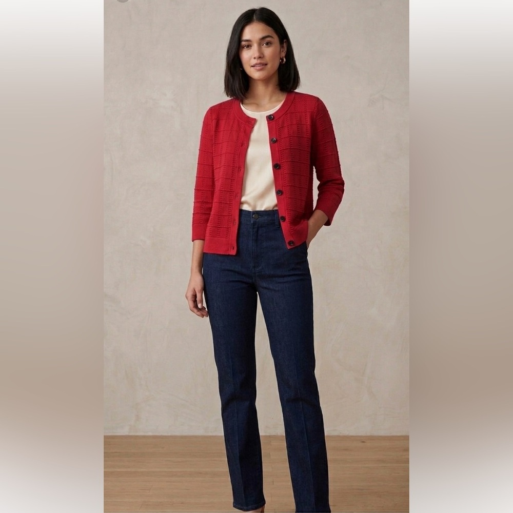 Amber Sun Red 100% Cotton Textured Grid Knit Cardigan, Size XL